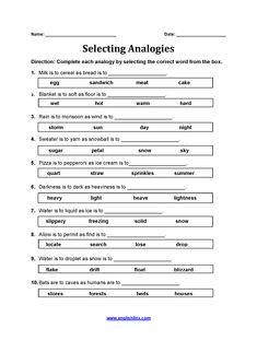 a worksheet with the words selecting analogies for students to use in their class