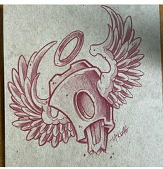 a drawing of an object with wings on it's head and the letter o in the middle