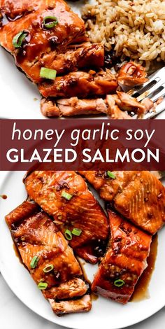 honey garlic soy glazed salmon on a plate with rice