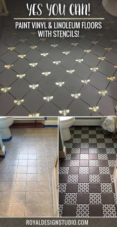 the bathroom floor has been painted with stencils and is being decorated in black and white