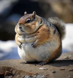 a small chipmun is sitting on top of a rock and looking at the camera