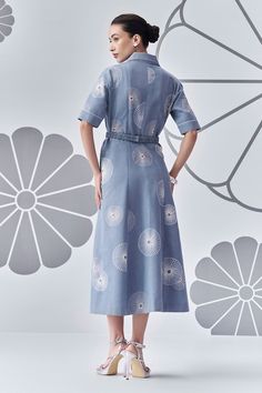 Light blue collared dress with scattered floral embroidery and side pockets. - Aza Fashions Indigo Dresses For Summer Workwear, Summer Workwear Indigo Dress, Spring Light Blue Collared Dress, Light Blue Collared Cotton Dress, Spring Workwear Dresses With Floral Embroidery, Light Blue Midi Dress With Pockets, Collared Light Blue Dress For Work, Light Blue Collared Dress For Work, Spring Indigo Floral Print Dress