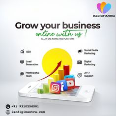 an advertisement for social media marketing is displayed on a cell phone with the text grow your business online with us