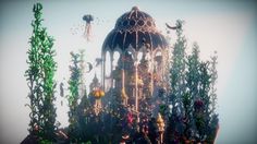 an artistic photo of people standing in front of a birdcage surrounded by plants