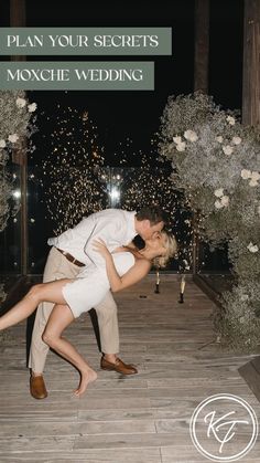 a man and woman kissing in front of flowers with the words plan your secrets moxie wedding