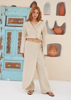 OTTAMAN LINEN SET| Women's Linen Wrap Set - Elegant Top & Trousers | Contemporary Fashion Chic Linen Vacation Set, Spring Linen Long Sleeve Pant Set, Spring Linen Matching Set, Chic Linen Sets With Relaxed Fit, Summer Linen Loungewear Pant Set, Spring Linen Wrap Bottoms, Wrap Trousers, Linen Wrap Top, Slow Fashion Brands