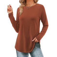 Fantaslook Long Sleeve T Shirts for Women Crew Neck Tunic Tops Casual Fall Shirts Womens t shirts with curve hemline design effectively hides your tummy and slims your figure, suitable for most body types. Womens tops features a crew neck and long sleeves create a classic silhouette.The long sleeve tunic tops for women with solid color design offers versatile styling options.The color of this casual womens t shirt is perfect for styling and the cut so flattering and comfortably.Crew neck t shirt Plain T-shirt For Fall, Plain Brown Tops For Fall, Plain Fall T-shirt, Fall Crew Neck Plain Blouse, Fall Plain Crew Neck Blouse, Casual Plain Blouse For Fall, Fall Season Plain Crew Neck Blouse, Basic Solid Shirt For Fall, Casual Solid Color Crew Neck Blouse