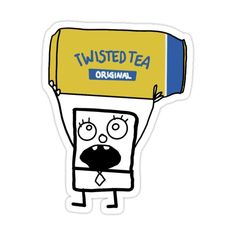 a sticker with an image of a cartoon character holding up a tea bag on its head