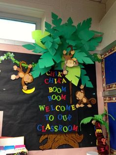 a classroom bulletin board decorated with monkeys and palm trees for the welcome to our classroom sign