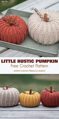 three knitted pumpkins sitting on top of a tray