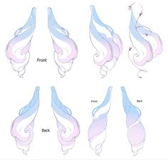 the different stages of hair that is being drawn in blue and pink tones, including long wavy