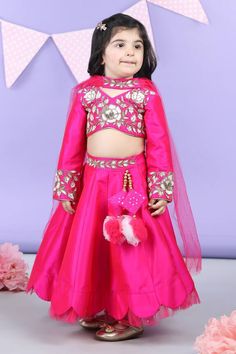 Hot pink silk blouse with floral, sequins and beaded embroidery. Comes with a lehenga and a dupatta. - Aza Fashions Pink Lehenga With Dori Work For Celebration, Pink Lehenga For Celebration With Traditional Drape, Pink Anarkali Lehenga For Celebration, Pink Party Sets With Dori Work, Pink Party Wear Sets With Zari Work, Pink Choli With Dori Work For Celebration, Pink Party Wear Sets With Mirror Work, Pink Party Wear Sets With Gota Work, Pink Party Wear Sharara For Celebration