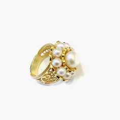 Double Layer Pearl 14K Gold Ring 925 Sterling Exceptionally Beautiful Design Pearl Ring, Feminine Ring, Valentine Gift Boxed, Mom's Gift Ring. IT WEIGHTS APPROXIMATELY 10 GR. 4-5 mm Pearls surround Center : 10 mm Round pearl for a feminine artistic look.. Made in an artisan workshop by an artist with 20+ Years experience. This a very Victorian, Artistic Ring that has sold out many times in England, Italy, Germany and the US. The Filigree band is tapered for comfortable wear. This will come in a Luxury Cabochon Diamond Ring As Gift, Heirloom Gemstone Flower Ring As Gift, Luxury Pearl Gemstone Ring For Wedding, White Pearl Ring With 17 Jewels For Formal Occasions, Gold Pearl Ring Stamped 14k For Gift, Yellow Gold Filigree Ring For Gift, Luxury Pearl Wedding Ring With Gemstone, Elegant Sterling Silver Dome Ring For Anniversary, Luxury Wedding Pearl Ring With Gemstone