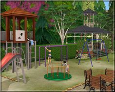 the children's play area is set up with swings, slides and climbing equipment