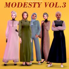 four women are standing in front of an orange background with the words modesty vol 3