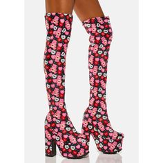 Platform Over The Knee Boots With Super Cute All Over Print Of Care Bears & Snarky Conversation Hearts. Brand New W/Out Box! Pink Knee-high Platform Boots For Spring, Spring Pink Knee-high Platform Boots, Pink Knee-high Platform Boots For Party, Trendy Pink Platform Party Boots, Pink Knee-high Platform Boots, Pink Fitted Knee-high Platform Boots, Pink Fitted Platform Boots For Party, Fitted Pink Platform Boots For Party, Fitted Pink Platform Boots For Spring