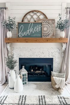 a fireplace mantel with a sign above it