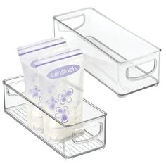 two clear plastic containers with soap and lotion in them on top of each other