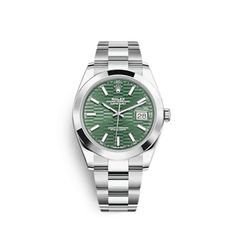 El Rolex Datejust está diseñado con una caja de acero inoxidable de 41 mm, realzada con un bisel liso de acero clásico. Cuenta con una esfera verde con motivo estriado rodeada de marcadores horarios luminosos con números romanos y un indicador de fecha a las 3 en punto, protegido por un cristal de zafiro resistente a los arañazos. En la muñeca, el brazalete Oyster de acero inoxidable es una verdadera belleza. Matte Green, 3 O Clock