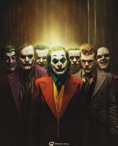 the joker movie poster with many men dressed in suits and clown makeup on their faces