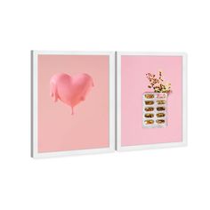 two framed pictures with pink and gold decorations on them, one in the shape of a heart