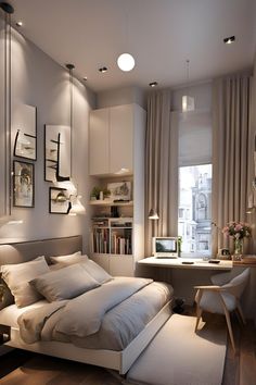 a bedroom with a bed, desk and shelves on the wall in front of it