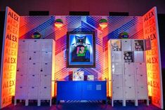 the lockers are decorated with neon lights and posters for an event or show that is going on