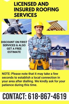 a flyer for a roofing company with an image of a man standing in front of his house