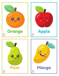 four different fruits with the words orange, pear, and apple in each one's letters