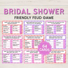 the printable bridal shower game is shown with pink and purple text on it