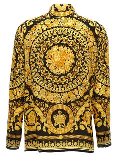 100% silk Gold Baroque Print Formal Tops, Gold Baroque Print Top For Formal Occasions, Formal Gold Top With Baroque Print, Formal Gold Tops With Baroque Print, Gold Long Sleeve Tops With Baroque Print, Gold Long Sleeve Top With Baroque Print, Long Sleeve Gold Tops With Baroque Print, Luxury Printed Silk Tops, Luxury Silk Printed Blouse