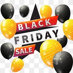 black friday sale sign with balloons and stars on the bottom, transparent background png clipart