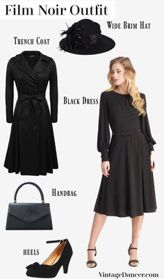 1940s Costume & 40s Outfit Ideas - 16 Women's Looks Film Noir Outfit Women, Film Noir Outfit, Film Noir Fashion, Cyberpunk Noir, Noir Outfit, Costume Party Themes, Fashion Eras