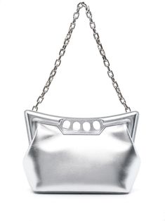 silver-tone calf leather metallic finish chain-link shoulder strap metal frame signature Four Ring handle debossed logo to the front main compartment internal pouch debossed internal logo suede lining silver-tone hardware concealed magnetic fastening This piece comes complete with a protective dust bag. Luxury Silver Shoulder Bag With Metal Logo, Designer Silver Bag With Metal Logo, Elegant Silver Bag With Metal Logo, Modern Silver Shoulder Bag For Formal Events, Elegant Silver Bags With Metal Logo, Silver Bag With Metal Logo For Everyday Use, Silver Shoulder Bag With Silver-tone Logo For Formal Occasions, Silver Shoulder Bag With Silver-tone Logo For Formal Events, Formal Silver Shoulder Bag With Silver-tone Logo