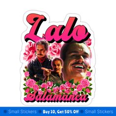 a sticker with the words lao and an image of two men in front of pink roses