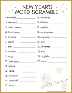 new year's word scramble with fireworks