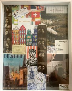 a collage of pictures and stickers in a white frame with the words prague on it