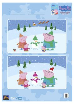 pepo pig christmas card with two pigs in the snow and one pig is making a snowman