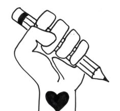 a drawing of a hand holding a pencil in the shape of a heart with a black outline