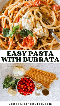 easy pasta with burrata and tomatoes in a bowl