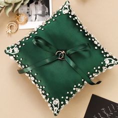 Wedding Pillow For Rings In Emerald - ELENA HONCH Ring Bearer Outfit Emerald Green, Emerald And Gold Wedding Decor, Emerald Green Wedding Dress For Bride, Emerald Green Wedding Cake, Green Wedding Ceremony, Blush Pillow, Olive Green Wedding, Wedding Cake Serving Set, Luxury Wedding Gifts