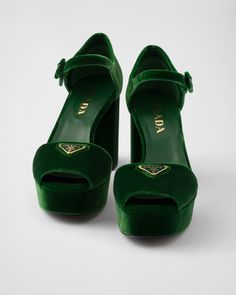 Find PRADA Velvet Platform Sandals on Editorialist. Upper with instep strap and covered buckle Enameled metal triangle logo Leather and rubber sole with metal lettering logo 95 mm velvet-covered heel 30 mm velvet-covered platform Metallic Green Heels, Velvet Platform Heels, Laurel Green, Metal Lettering, Lettering Logo, Triangle Logo, Sandals Women, Pretty Shoes, Shoe Obsession