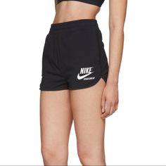 The Nike Sportswear Archive Women's Shorts Resurrect '90s Style With A High-Waisted Design, Stretchy Jersey Fabric And Retro Nike Branding. They're Made With A Slim Fit That Follows Your Body's Shape Closely While Letting You Move Freelyslim-Fit Stretch Cotton-Blend Jersey Shorts In Black. High-Rise. Two-Pocket Styling. Logo Bonded In White At Front. Rounded Hem. Tonal Stitching Summer Sportswear Bottoms With Letter Print, Sporty Letter Print Bottoms For Spring, Sporty Bottoms With Letter Print For Spring, Casual Streetwear Athletic Shorts, Nike Streetwear Bottoms With Letter Print, Nike Bottoms With Letter Print For Streetwear, Short Athleisure Bottoms With Letter Print, Nike Fitted Bottoms For Streetwear, Nike Black Leisure Shorts