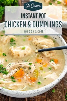 two bowls of instant pot chicken and dumplings soup on a wooden table with text overlay