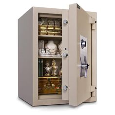 an open safe with many items in it