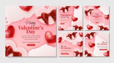 four valentine's day banners with hearts and bows on pink paper, one is for the