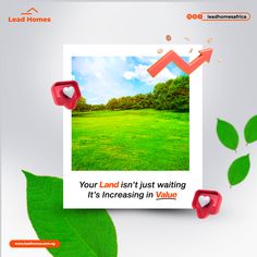 an advertisement for lead homes showing a green field with trees and clouds in the background