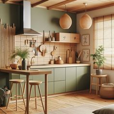 a kitchen with green walls and wooden floors, potted plants on the counter top