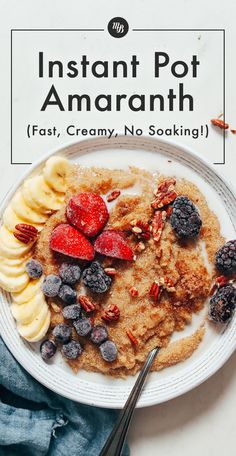 a white plate topped with oatmeal and fruit