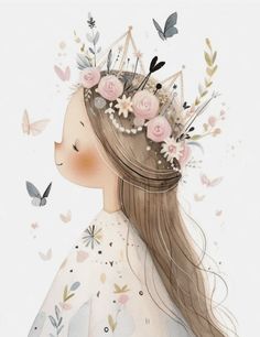 a drawing of a girl with flowers in her hair and butterflies around her head, on a white background